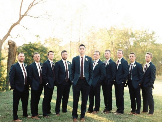 navy blue groomsmen and groom suits with burgundy tie for burgundy and navy wedding color fall
