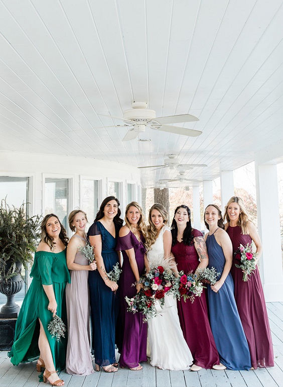 mismatched bridesmaid dresses in burgundy navy and other colors for burgundy and navy wedding color spring