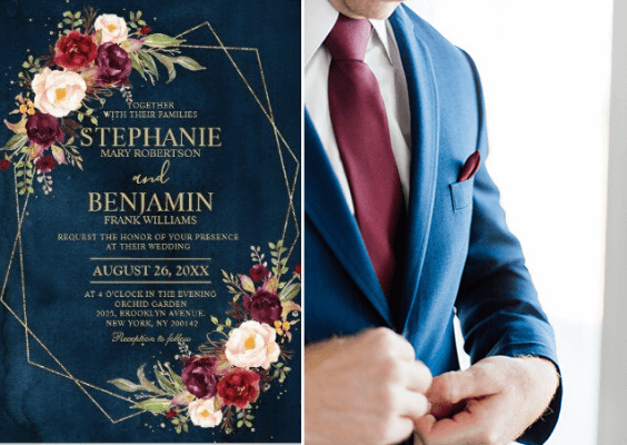 navy and burgundy men suit and wedding invites for burgundy and navy wedding color spring