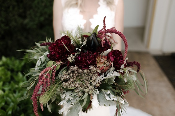 burgundy and greenery bridal bouquet for burgundy and navy wedding color summer