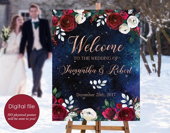 navy blue and burgundy wedding welcome sign for burgundy and navy wedding color winter