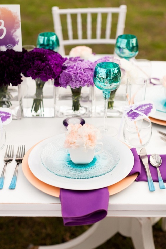 teal water glass dinner plate purple centerpiece table napkin for beach teal and purple wedding