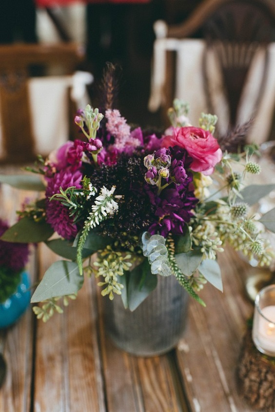 purple centerpiece for elegant teal and purple wedding