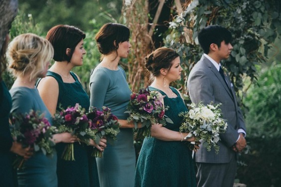 teal bridesmaid dresses purple bouquets for elegant teal and purple wedding