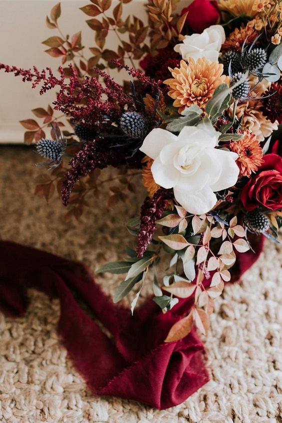 burgundy bridal bouquet for burgundy and champagne fall wedding