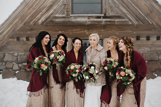 champagne bridesmaid dresses with burgundy shawls for burgundy and champagne winter wedding