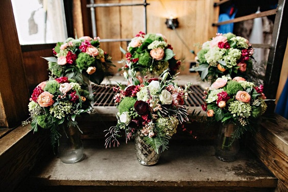 flower bouquets with burgundy shawls for burgundy and champagne winter wedding