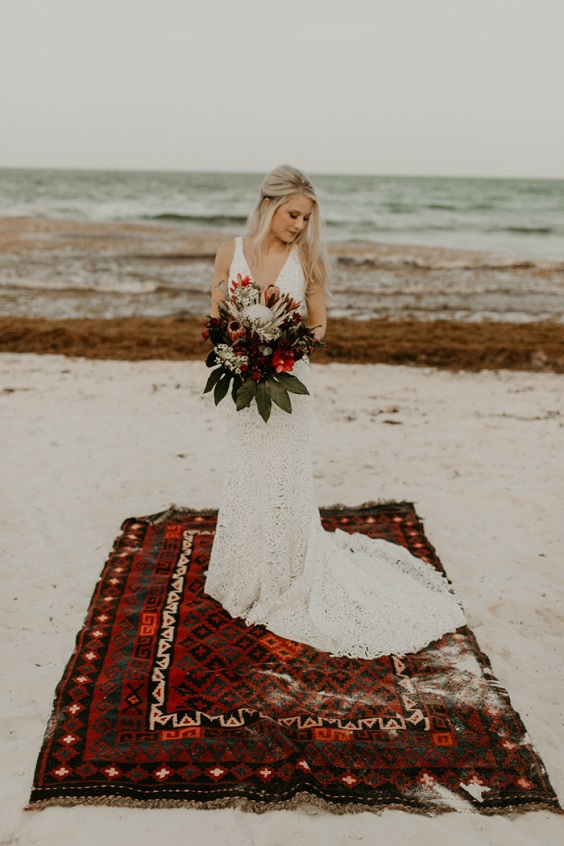 white bridal gown for burgundy and champagne beach wedding 3
