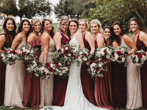 mismatched bridesmaid dresses for burgundy and champagne church wedding