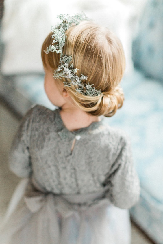 grey flowers girl and bridal floral crown for grey mauve and grey wedding