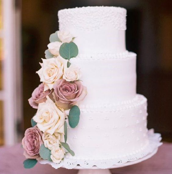 white wedding cake and mauve cake topper for white mauve mauve and grey wedding