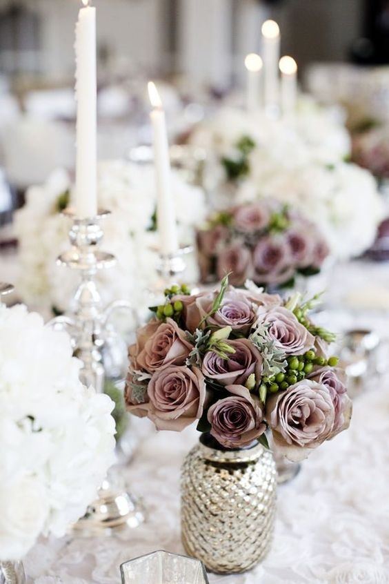 mauve table garland and silver vase for mauve silver mauve and grey wedding