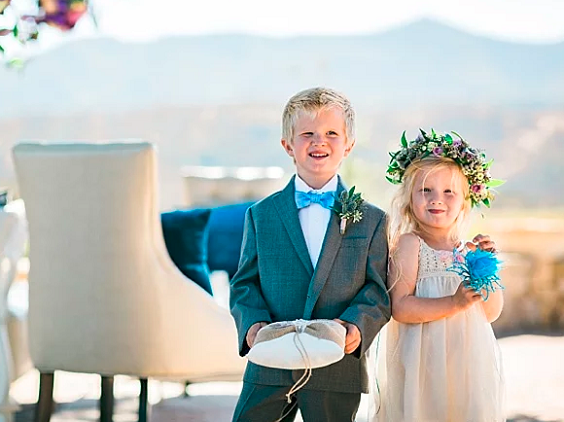 blue bow tie and blush flower girl for blue purple and blue wedding