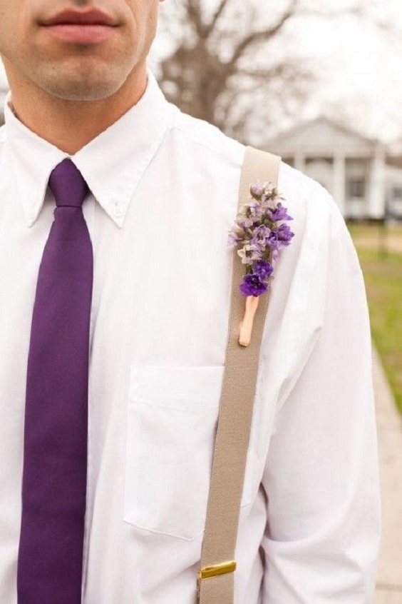 purple mens tie and boutonniere for purple purple and blue wedding